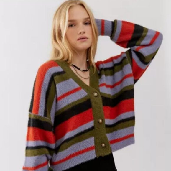 Uo Thea Striped Multicolour Fuzzy Cardigan - Picture 1 of 4
